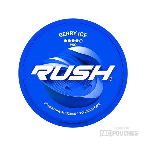Rush Berry Ice Pro nicotine pouch can, cobalt blue with 3D swirl graphic, 4-dot PRO tier, 20 pouches tobacco free