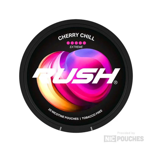 Rush Cherry Chill Extreme nicotine pouch can, black with psychedelic pink purple orange swirl, 4-dot Extreme tier, 20 pouches tobacco free