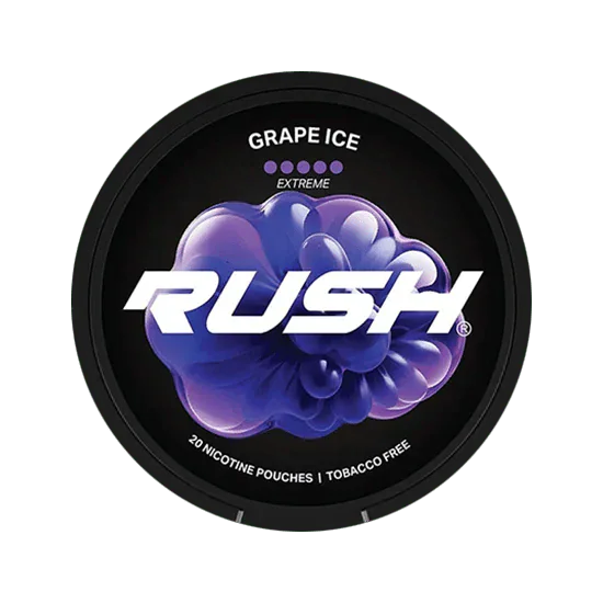 Rush Grape Ice Extreme nicotine pouch can, black with deep purple grape cluster, 5-dot Extreme strength meter, 20 pouches tobacco free
