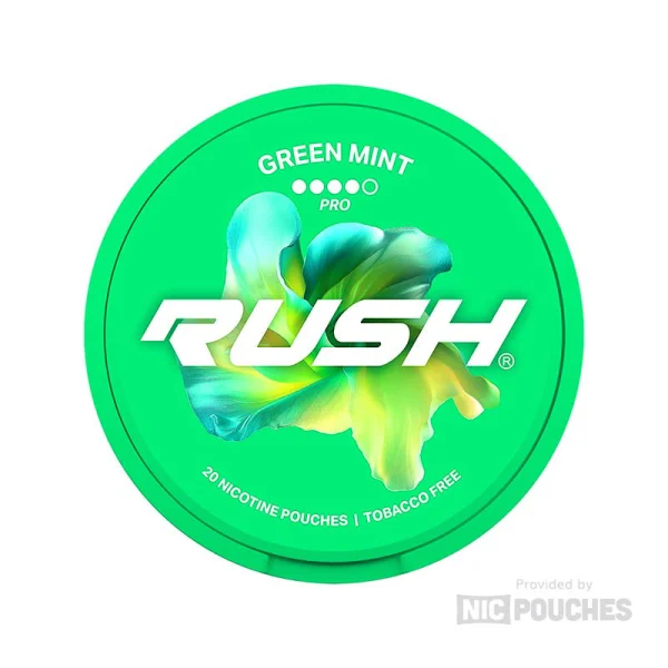 Rush Green Mint Pro nicotine pouch can, vibrant green with botanical swirl graphic, 4-dot PRO tier, 20 pouches tobacco free