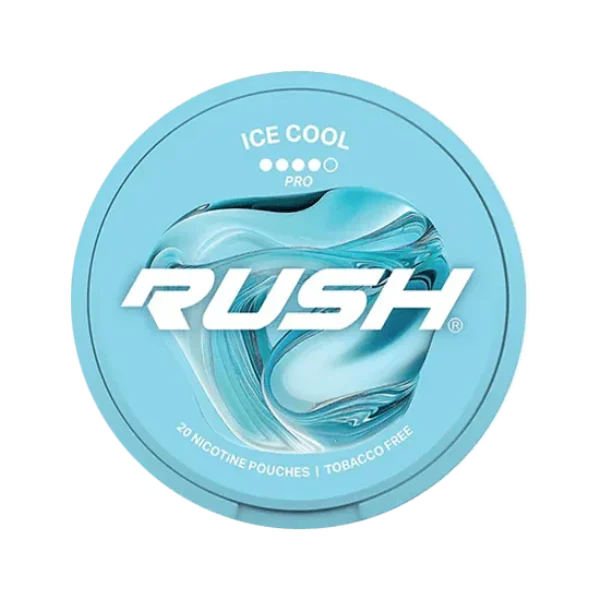 Rush Ice Cool nicotine pouch can, light blue with swirl graphic, Rush branding, slim tobacco-free pouches