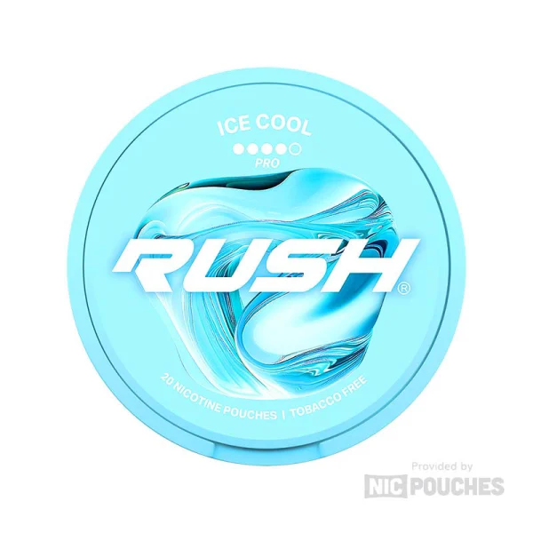 Rush Ice Cool Pro nicotine pouch can, light blue teal with water-swirl graphic, 4-dot PRO tier, 20 pouches tobacco free