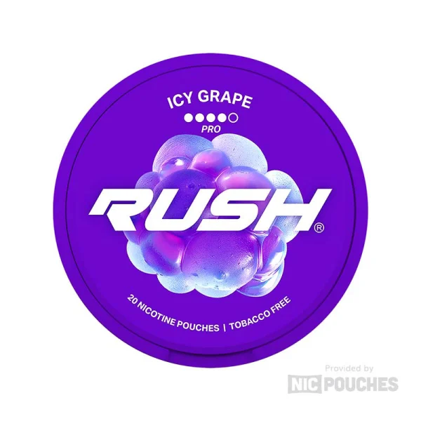 Rush Icy Grape Pro nicotine pouch can, purple circular design with 3D icy grape cluster graphic, 4-dot PRO tier, 20 pouches tobacco free