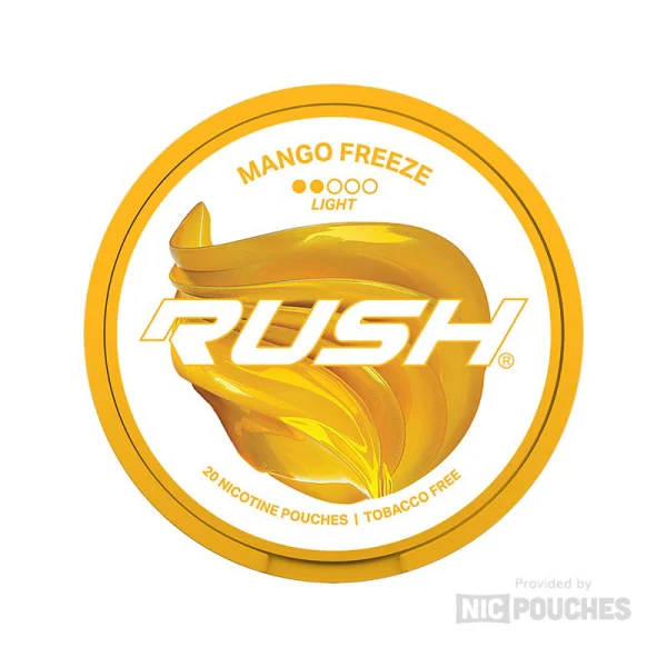 Rush Mango Freeze Light nicotine pouch can, yellow and gold design with mango graphic, 1-dot Light tier, 20 pouches tobacco free
