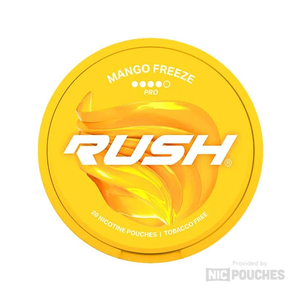 Rush Mango Freeze Pro nicotine pouch can, yellow and gold with mango swirl graphic, 4-dot PRO tier, 20 pouches tobacco free