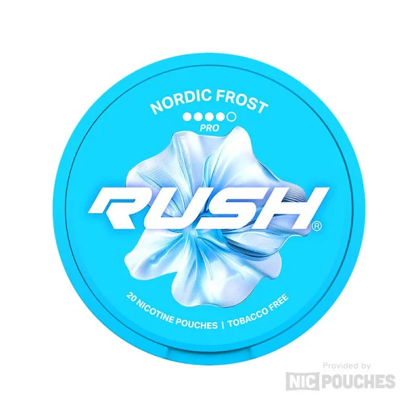 Rush Nordic Frost Pro nicotine pouch can, bright light blue with floral swirl graphic, 4-dot PRO tier, 20 pouches tobacco free