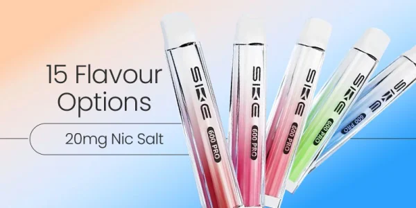 SKE 600 Pro prefilled pod kit fanned across its 15 flavours at 20mg nic salt