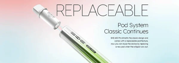 SKE 600 Pro replaceable pod system, the classic Crystal bar made rechargeable
