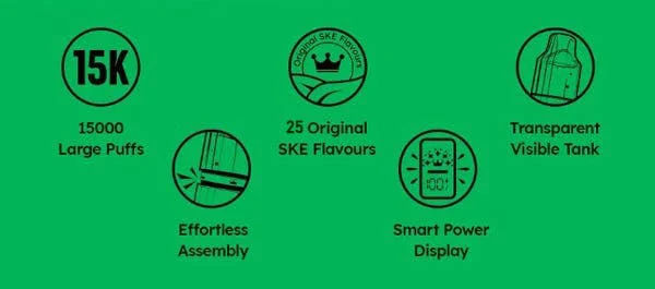 SKE Bar 15K features: 15000 puffs, original SKE flavours, smart power display, transparent visible tank