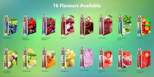 The 16 SKE Crystal Bar 15K pod flavours, from Blueberry Sour Raspberry to Watermelon Ice