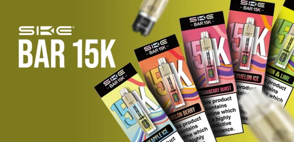 SKE Bar 15K prefilled pod kit shown across its Crystal flavour range