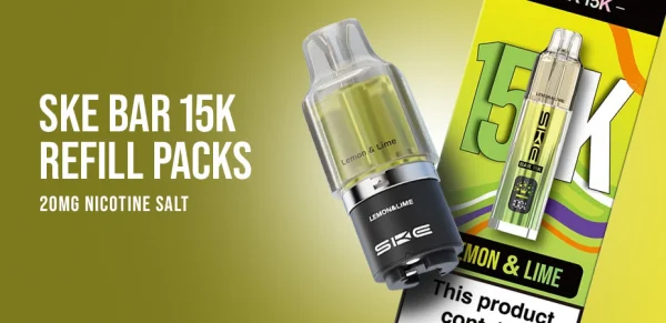 SKE Bar 15K prefilled pod and refill container, the transparent 2ml pod that clicks onto the device