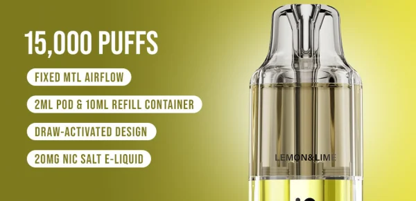 SKE Bar 15K pod: 15000 puffs, fixed MTL airflow, 2ml pod and 10ml refill container, 20mg nic salt