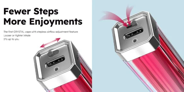SKE Crystal Plus stepless airflow adjustment, tighter or looser on the same pod