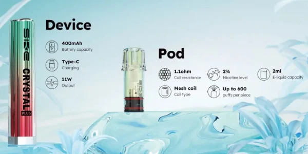 SKE Crystal Plus device and pod specifications: 400mAh, 11W, 1.1ohm mesh, 2ml, 600 puffs