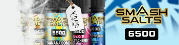 Smash Salts 6500 banner showing multiple nic salt bottles with the brand logo and 6500 branding