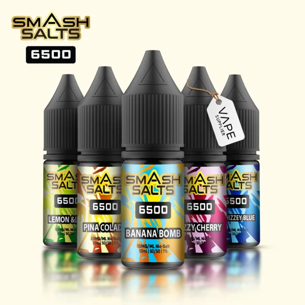 Smash Salts 6500 nic salt range, five bottle lineup showing Banana Bomb, Fizzy Cherry and Mr Hizzey Blue flavours