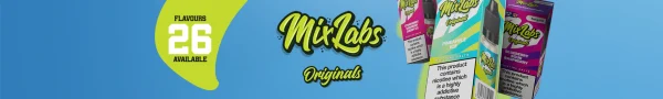 Mix Labs Originals brand banner showing Pineapple Ice, Strawberry Raspberry Cherry Ice and Blueberry Sour Raspberry packs on blue background with 26 Flavours Available text