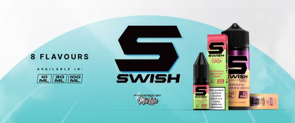 Swish by Mix Labs brand banner showing Strawberry Lime nic salt and Grape Gummy Bear 100ml shortfill bottles on a teal background