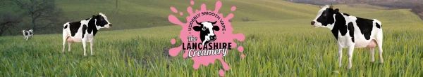 The Lancashire Creamery brand banner with cows in a green field and the Udderly Smooth Vape logo