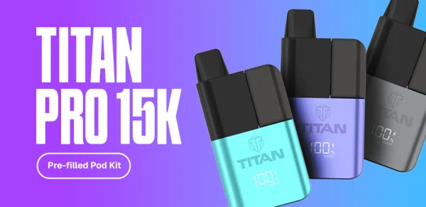 Titan Pro 15K Prefilled Pod Kit lifestyle banner showing the device and refill pod system