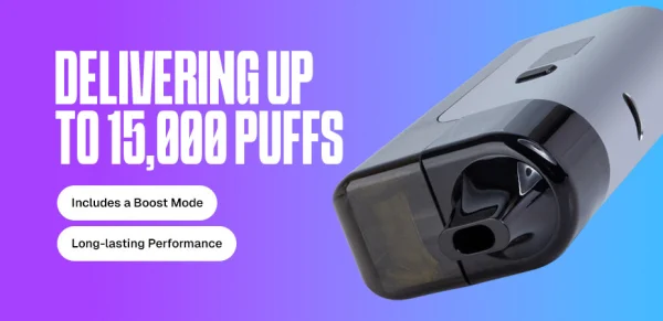 Titan Pro 15K promotional banner showing 15,000 puff rating with the device on a coloured background