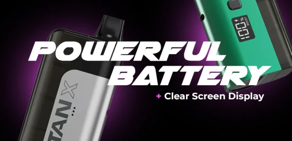 Titan X LED display and battery indicator close-up showing puff counter and charge level