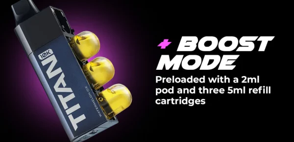 Titan X pod capsule system detail showing the three 5ml refill capsules included with each kit