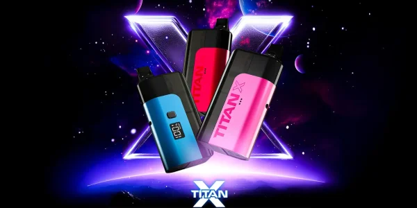 Titan X device shown with replacement pod packs across the range of flavours