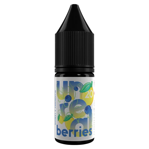Unreal Berries Blueberry & Lemon 10ml nic salt bottle, 50/50, blue and yellow label