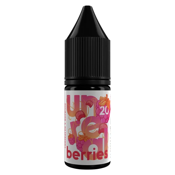 Unreal Berries Rhubarb & Raspberry 10ml nic salt bottle, 50/50, pink berry label