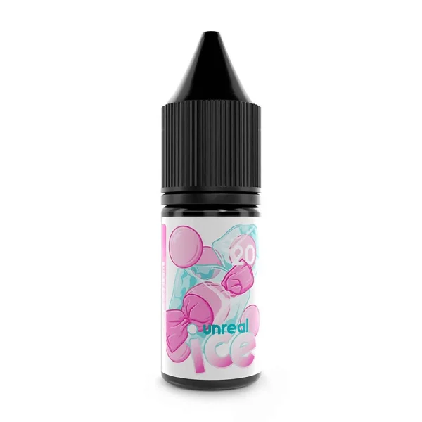 Unreal Ice Bubblegum 10ml nic salt bottle, 50/50, with the pink bubblegum and ice label