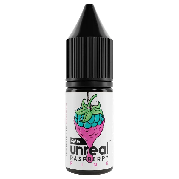 Unreal Raspberry Pink 10ml nic salt bottle, 50/50, pink raspberry and bubblegum label