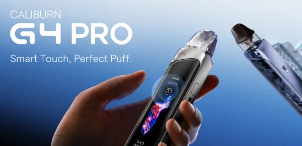 Caliburn G4 Pro held in hand, the colour touchscreen showing 35W