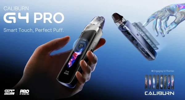 Uwell Caliburn G4 Pro pod kit held in hand showing its colour touchscreen