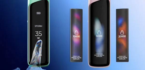 Caliburn G4 Pro touchscreen showing Storm mode at 35W and the unlockable themes
