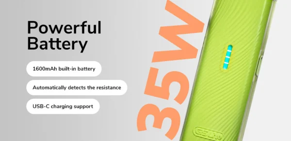 Uwell Caliburn G5 Lite battery specification banner showing 1600mAh and 35W output with lime green device