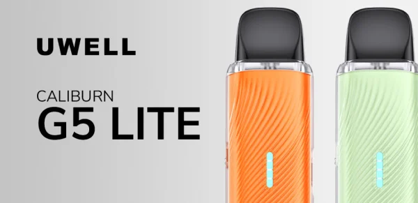 Uwell Caliburn G5 Lite pod kit in Coral Orange and Mint Green on a textured banner