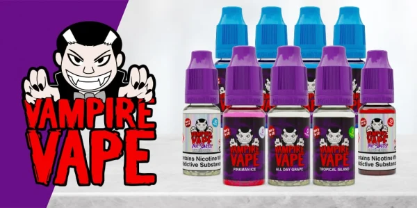 Vampire Vape 50/50 nic salt 10ml bottles shown in a collection including Heisenberg and Pinkman flavours