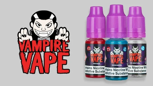 Vampire Vape range featuring Pinkman, Heisenberg and Ice Menthol 10ml nic salt bottles alongside the iconic cartoon vampire logo