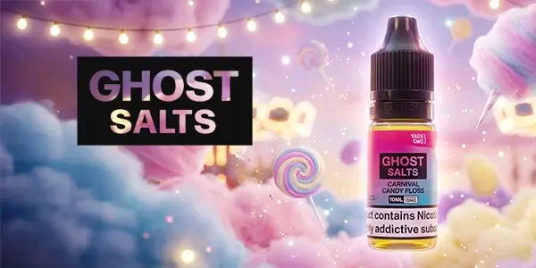 Vapes Bars Ghost Salts Carnival Candy Floss 10ml nic salt with dreamy candy-themed scene