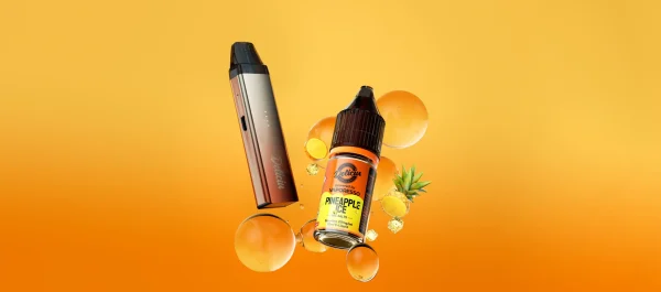 Vaporesso Deliciu 2 Pineapple Ice 10ml nic salt bottle beside a Vaporesso pod device