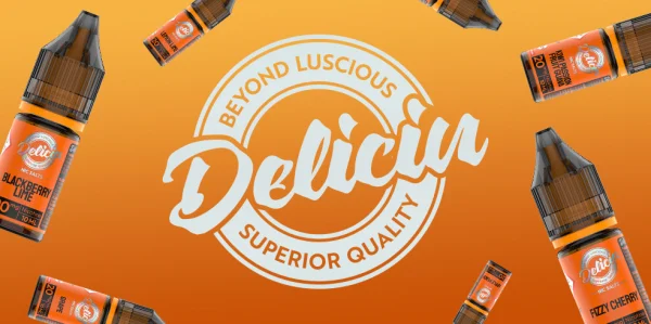 Vaporesso Deliciu 2 nic salt range, bottles on an orange Beyond Luscious branded banner