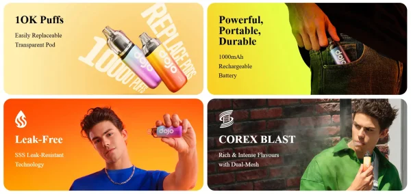 Vaporesso Dojo Blast 10K features: 10,000 puffs, 1000mAh battery, leak-free design and Corex mesh coil