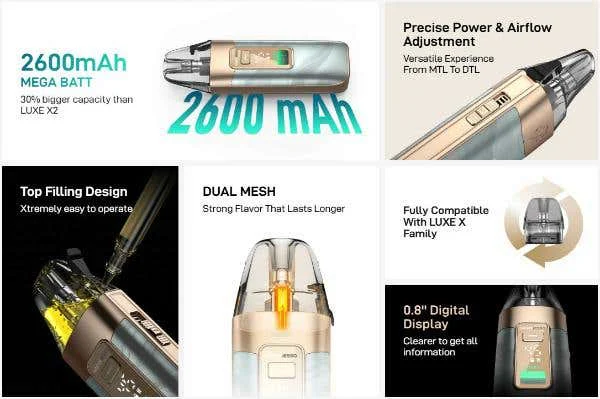Vaporesso Luxe X3 features: 2600mAh, top filling, dual mesh, MTL to DTL and a 0.8-inch display