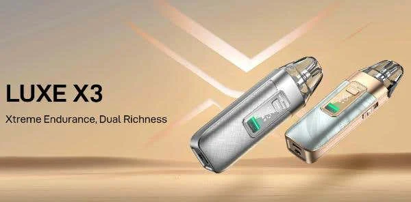 Two Vaporesso Luxe X3 pod kits in silver and green with the digital screen lit