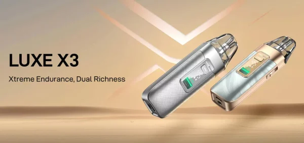 Two Vaporesso Luxe X3 pod kits, silver and green, with the digital screen lit