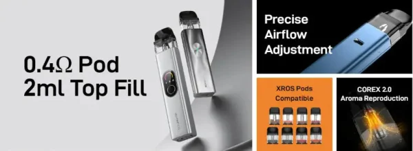 Vaporesso XROS 4 Mini 0.4ohm 2ml top-fill pod, airflow and Corex 2.0