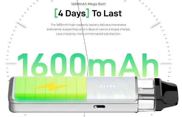 Vaporesso XROS 6 Mini 1600mAh battery graphic, rated up to four days per charge