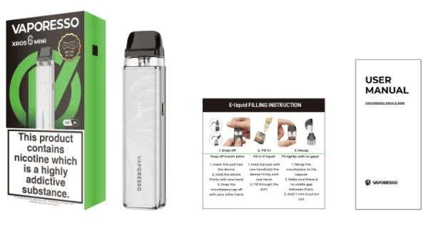 Vaporesso XROS 6 Mini UK box contents: device, Corex 3.0 pod, filling instructions and user manual